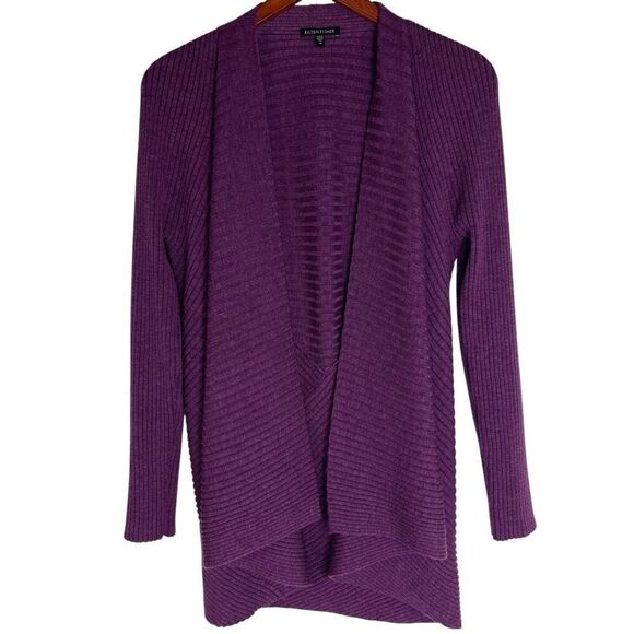 Eileen Fisher Womens 100% Merino Wool Open Front Cardigan Sweater Purple Medium - Picture 1 of 16